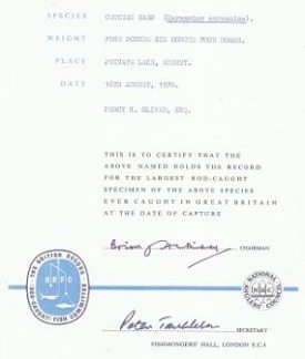 National Anglers Council certificate 16th August 1970