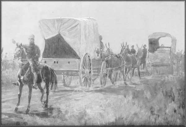 AMBULANCE WAGONS ON THEIR WAY TO THE FIELD.